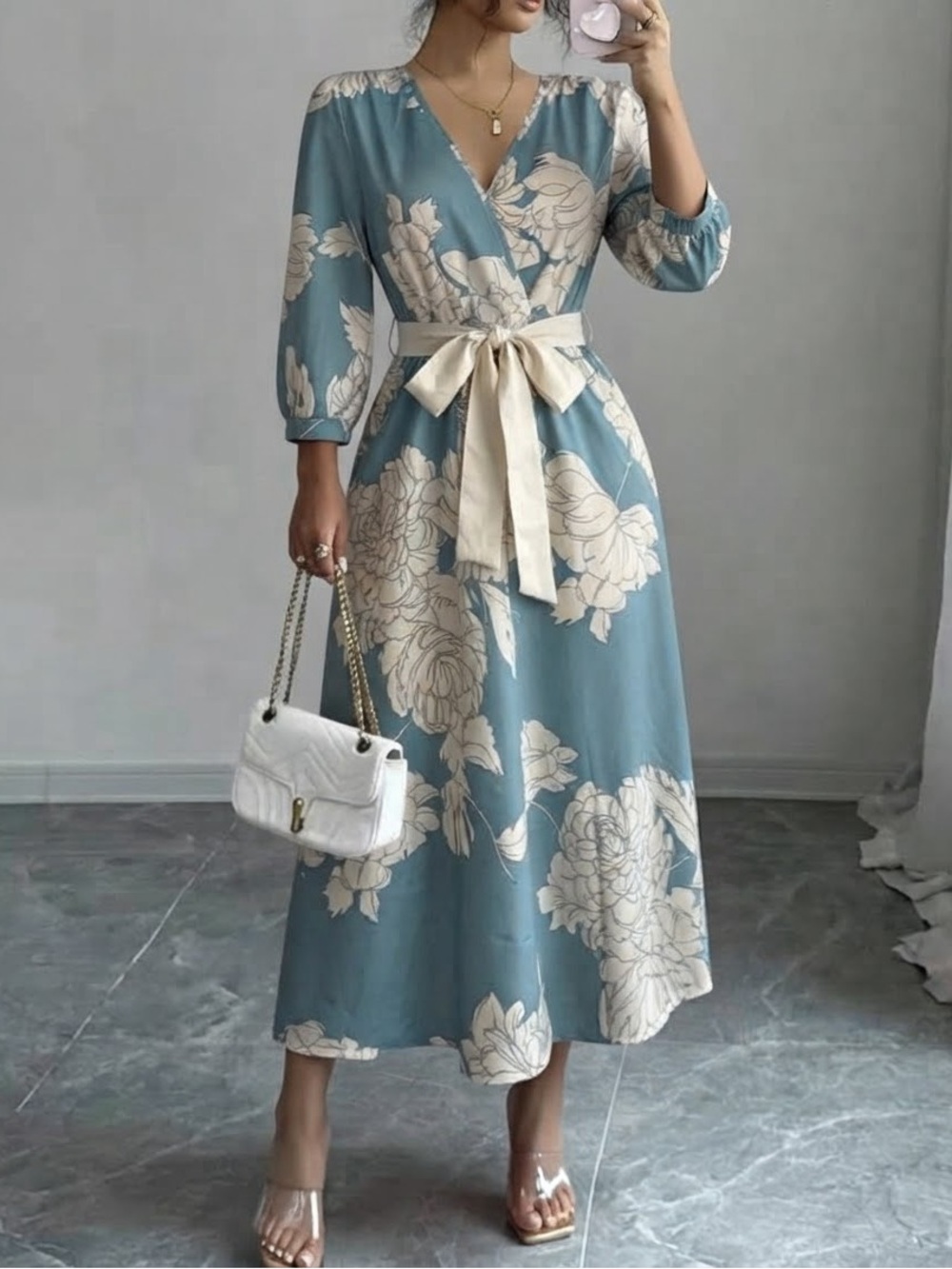 Blue Floral Wrap Midi Dress with Cream Belt